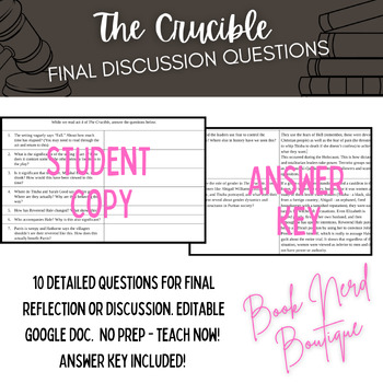 Preview of The Crucible Final Discussion Questions and Answer Key