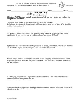 Preview of The Crucible Movie Questions Common-Core Style with Milgram Experiment
