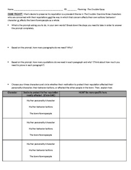 Preview of The Crucible - essay prompt and planning sheet