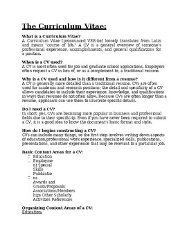 Preview of The Curriculum Vitae Handout: faux pas,Organizing Content Areas, Format &example