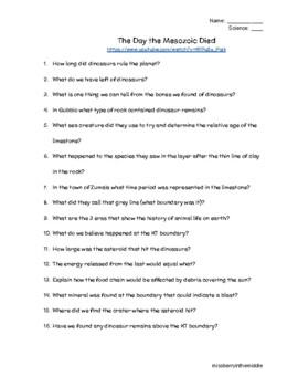 The Day the Mesozoic Died worksheet/key by Addison Berry TPT