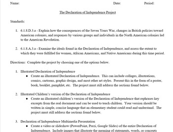Preview of The Declaration of Independence Project Ideas and Rubric