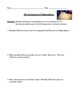 Preview of The Declaration of Independence Worksheet, Test, or Homework with Answer Key