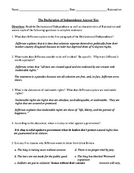 The Declaration of Independence Worksheet, Test, or Homework with