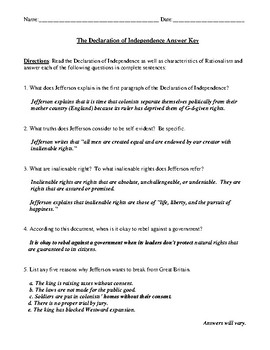 declaration of independence assignment answer key