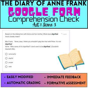 Preview of The Diary of Anne Frank Drama Google Form Comprehension Check Act 1 Scene 3