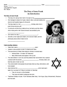 The Diary of Anne Frank - Intro Outline by The ELA Teacher | TpT