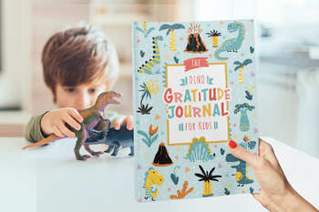 Preview of The Dino Gratitude Journal for Kids. PDF in A4, A5, 6"x9", US Letter, Dinosaur