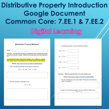Preview of The Distributive Property--Google Document--Distance Learning