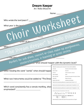 Preview of The Dream Keeper | Choir Worksheet | Rollo Dilworth