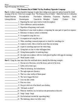 Preview of The Drummer Boy of Shiloh by Ray Bradbury Figurative Language Worksheet & KEY