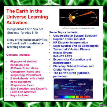 Preview of The Earth In the Universe Learning Activities (Distance Learning)