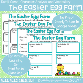 Preview of The Easter Egg Farm Retell, Comp., Character Analysis, and Vocabulary