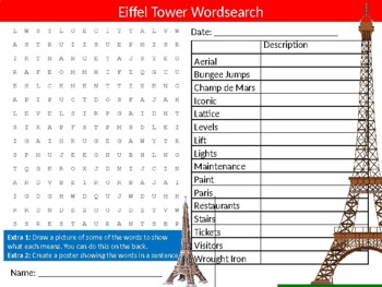 The Eiffel Tower Wordsearch Puzzle Sheet Keywords Buildings France Paris