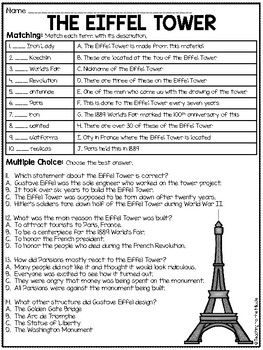 The Eiffel Tower in Paris France Reading Comprehension Worksheet