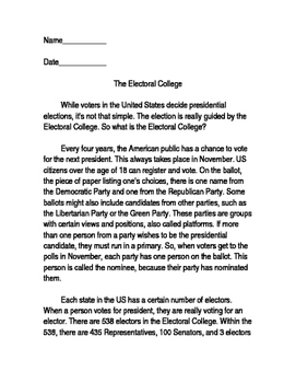 Preview of The Electoral College Social Studies Reading with Questions