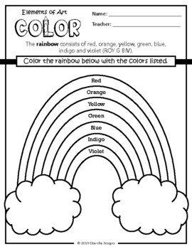 the elements of art color worksheet focuses on the rainbow roy g biv