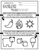 The Elements of Art (Color) worksheet focuses on the Warm 