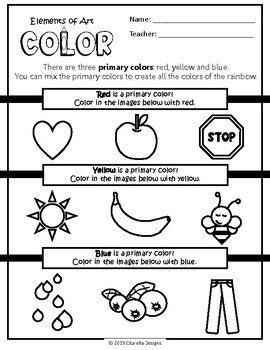 Preview of The Elements of Art (Color) worksheet focuses on the primary colors!