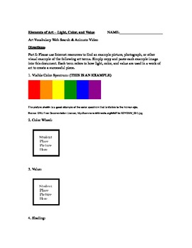 Preview of The Elements of Art Series (Worksheet and Animoto) - Light, Color, Value