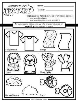 Preview of The Elements of Art (Texture) worksheet focuses on Implied/Visual Texture!