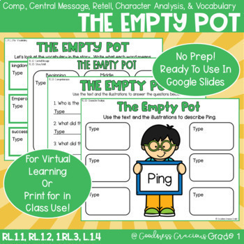 Preview of The Empty Pot Comp, Retell, Central Message, Character Analysis and Vocabulary
