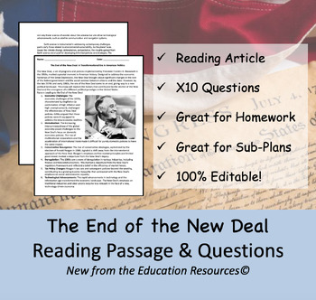 Preview of The End of the New Deal - Reading Comprehension Passage & Questions
