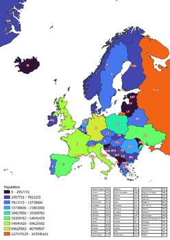 Preview of The Europe map classified by the number of inhabitants of the countries