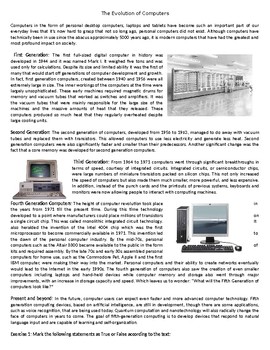 Preview of The Evolution of Computers - - Reading Comprehension Worksheet / Text