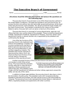 Preview of The Executive Branch of Government: Informational Text, Images, and Assessment