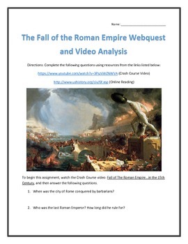 Preview of The Fall of the Roman Empire- Webquest and Video Analysis with Key