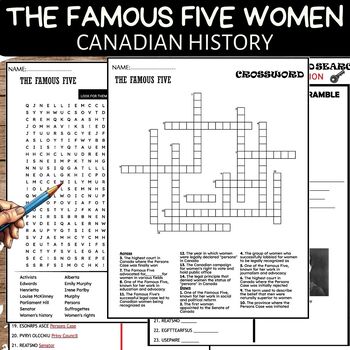 Preview of The Famous Five Women Canadian History Worksheets PUZZLE Crosswords ,Wordsearch