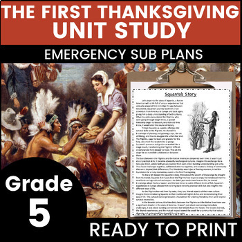 Preview of The First Thanksgiving 5th Grade Emergency Sub Plan Math English Science Binder