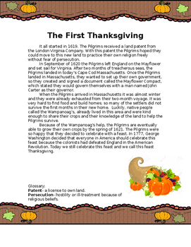 Preview of The First Thanksgiving reading and comprehension questions