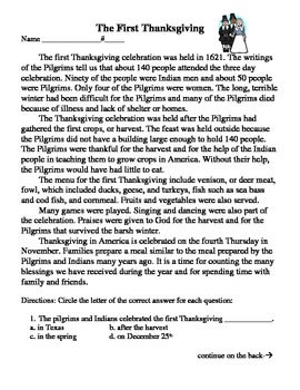 Preview of The First Thanksgiving reading comprehension