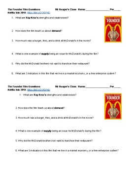 Preview of The Founder Film Comprehension Questions for McDonalds Movie