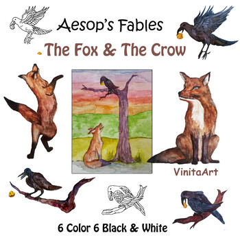 Preview of The Fox and the Crow Aesop's Fables clip art watercolor illustrations