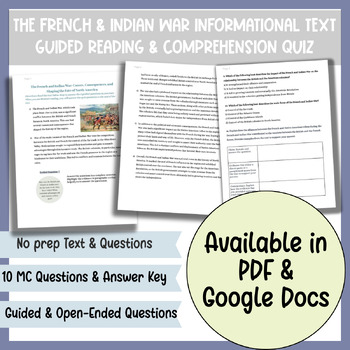 Preview of The French and Indian War Text- Non Fiction Comprehension with writing practice