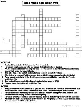 The French and Indian War Worksheet/ Crossword Puzzle (Seven Years War)