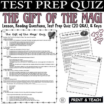 The Gift of the Magi Quiz Reading Comprehension Questions O Henry Short  Story