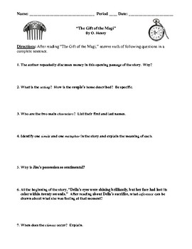 Preview of O. Henry's "The Gift of the Magi": Review Worksheet (or Test)  and Answer Key