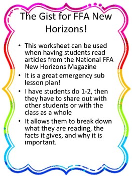 Preview of The Gist Article Summary Worksheet for FFA New Horizons