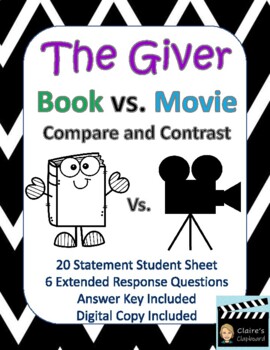 Preview of The Giver Book vs. Movie Compare and Contrast - Digital Copy Included