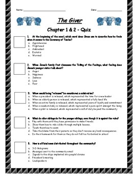 Preview of The Giver - Chapter 1-2 Quiz - w/ Answer Key