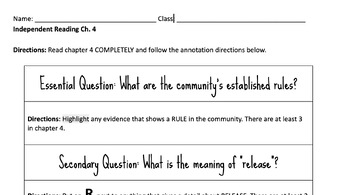 Preview of The Giver Chapter 4 Independent Reading Assignment