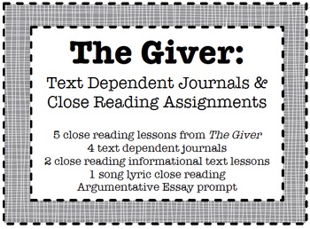 Preview of The Giver: Close Reads and Text-Dependent Journals