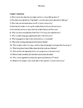 Preview of The Giver Comprehension Questions and Writing Prompts