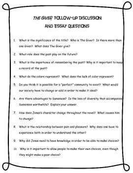essay questions for the giver