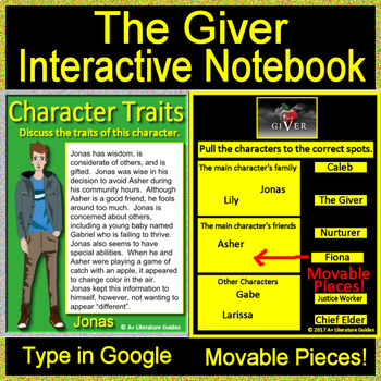 Preview of The Giver Characters and Story Elements Digital Notebook - 22 Google Slides