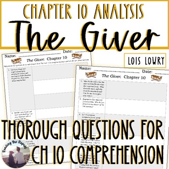 Preview of The Giver Lois Lowry Chapter 10 Comprehension Analysis Questions for Novel Unit